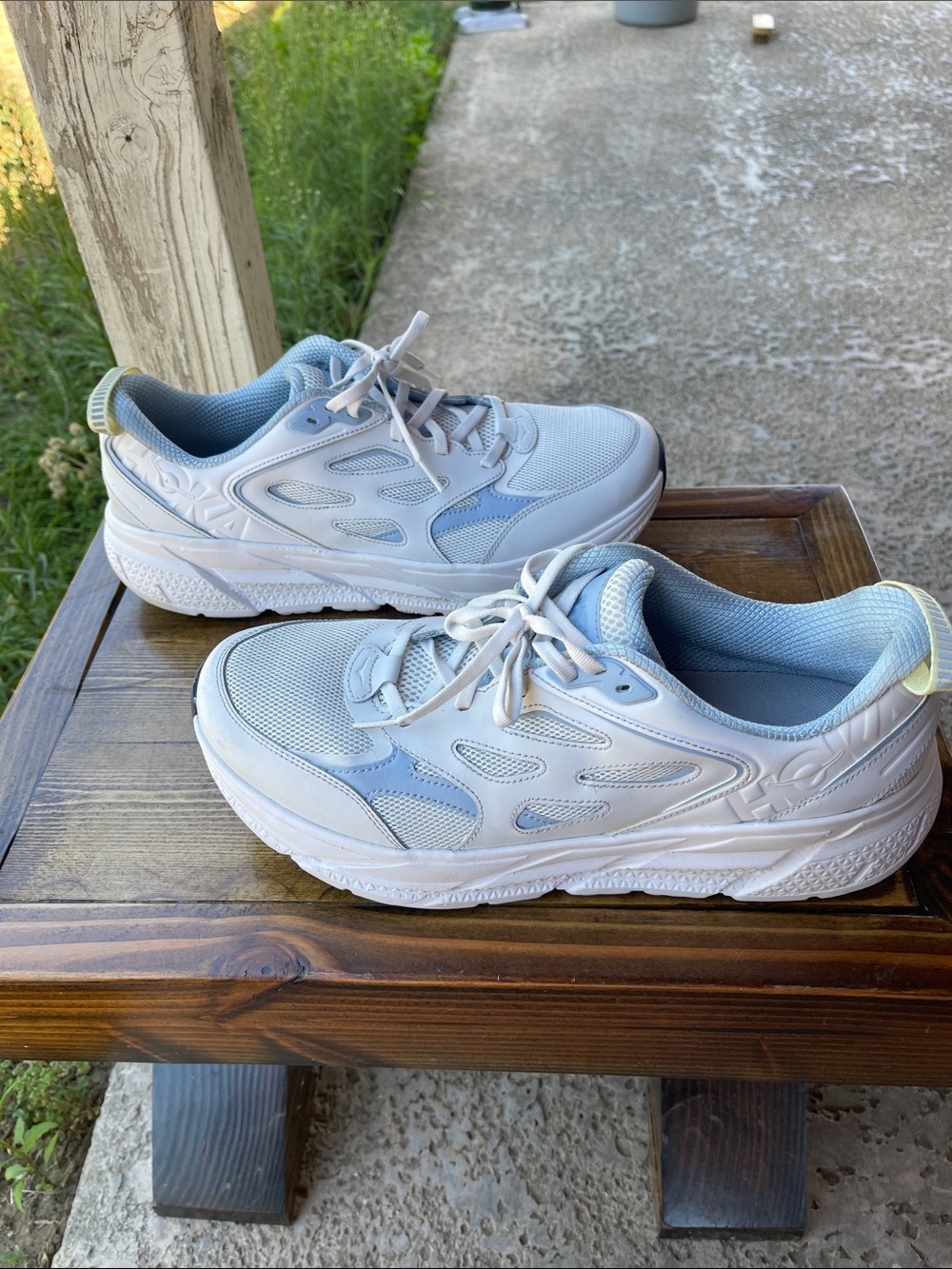 Hoka One One U Clifton L Athletics White and Light Blue Women's 13 Men’s 12